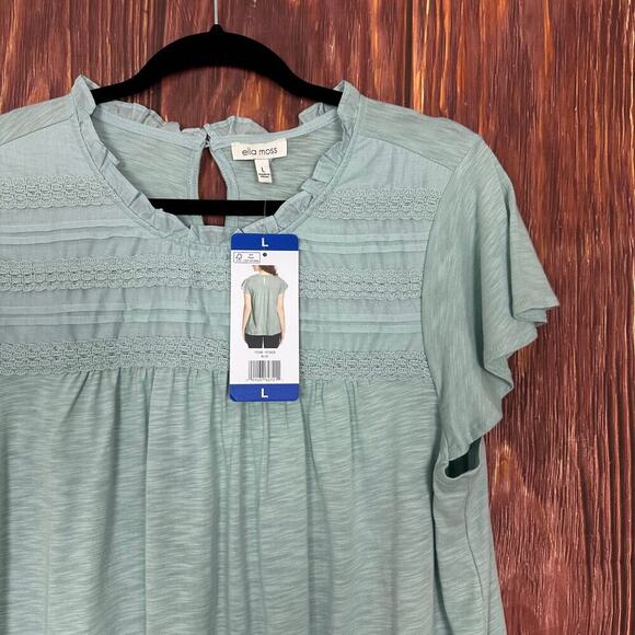 Ella Moss Blue Ruffle Sleeve Top Keyhole Back Size Large L NWT - Picture 3 of 5